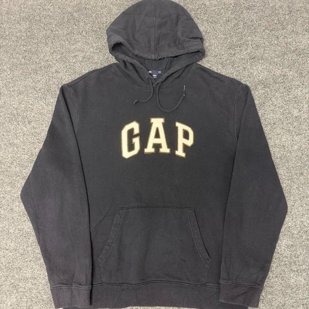Gap Mens Hoodie XL Faded Black Spellout Logo Y2K Pullover Sweatshirt